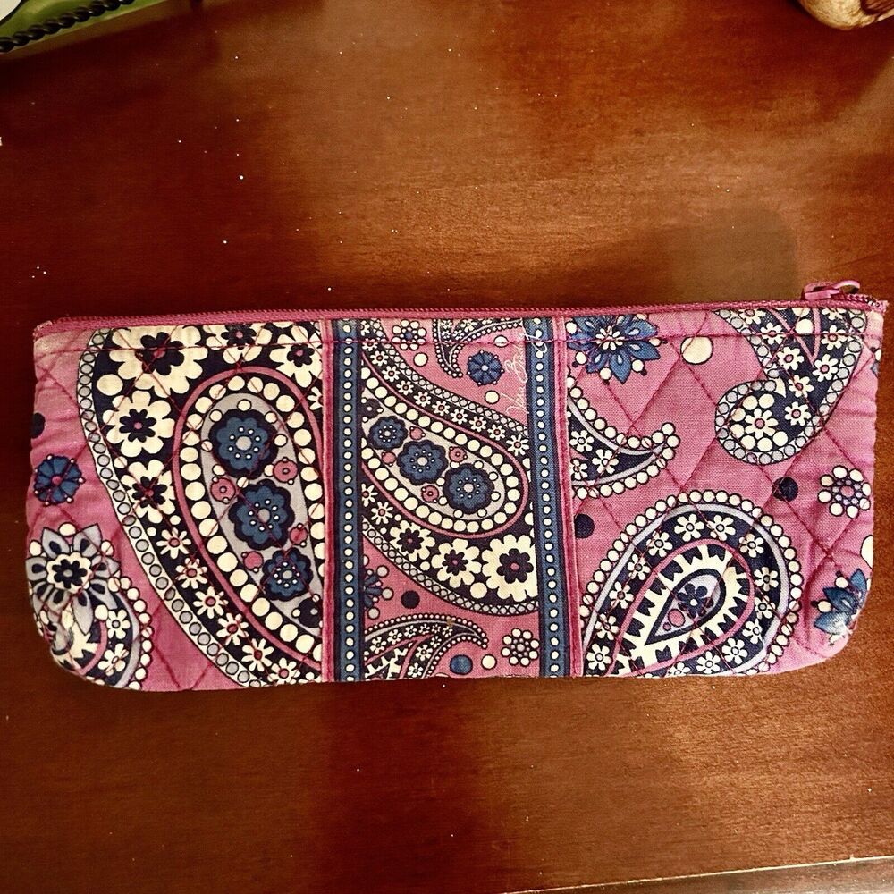 Vera Bradley Boysenberry Paisley Fuchsia Blue White Pencil Bag Case 12 inch